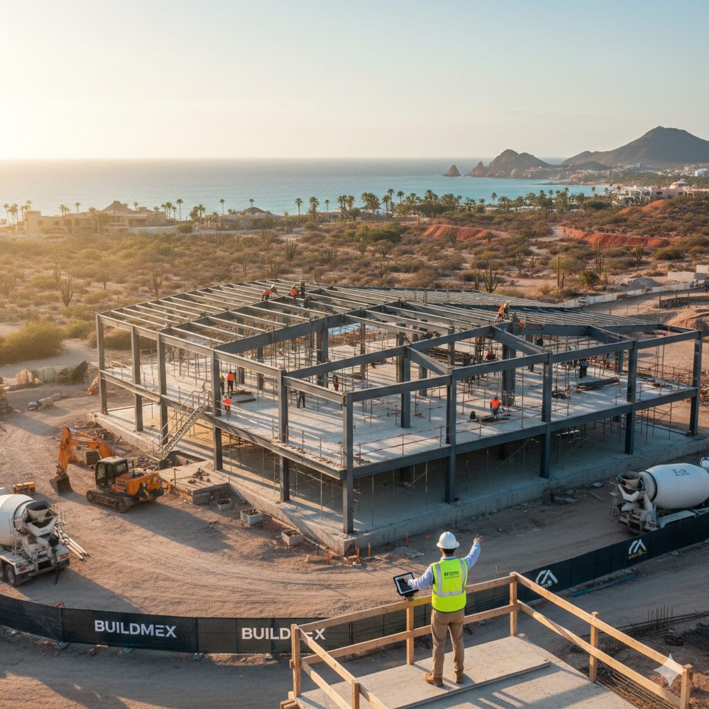 Contratista general supervisando obra comercial en Los Cabos